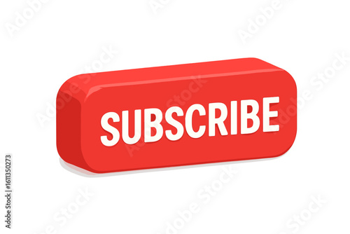 3D red subscribe button icon with bold white text, YouTube call to action for social media channels, isolated on white background, marketing UI element driving follower growth