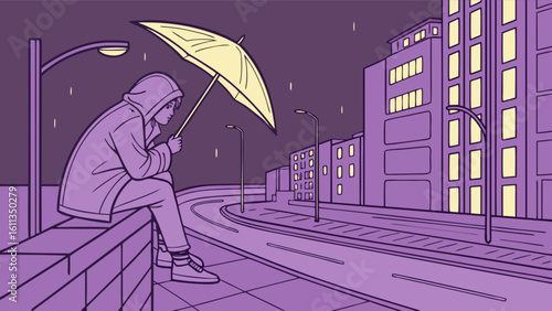Illustration of a lonely person sitting in the rain with umbrella in city street at night time scene