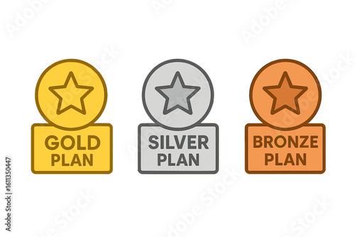Membership subscription tier badge icons set: gold plan star, silver plan, bronze plan. Loyalty rewards level ranking, pricing packages, pricing options vector illustration
