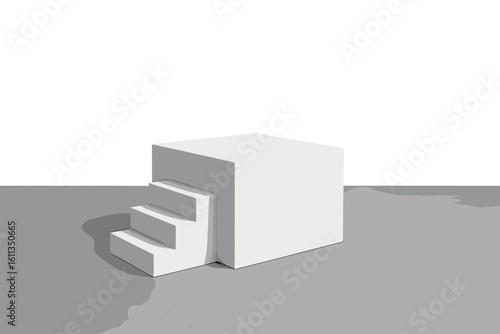 Minimalist white rectangular podium stage with integrated ascending steps, concrete floor background, exhibition display pedestal mockup, product showcase platform 3D render