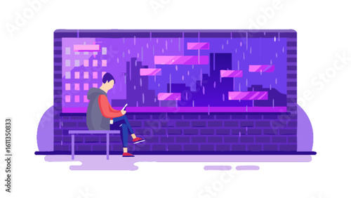 Illustration of a person using a phone in a rainy city night scene with purple and blue color palette art