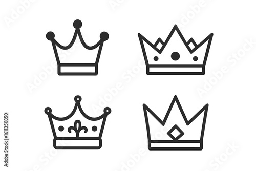 Royal crowns outline icon set. Four minimal linear crown symbols for monarchy, king, queen, princess, luxury brand, reward, premium emblem. Editable stroke vector illustration