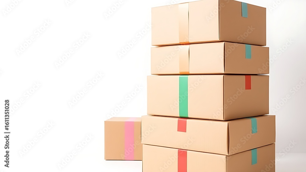 Obraz premium Stacked cardboard shipping boxes with colorful tape on a clean white backdrop.