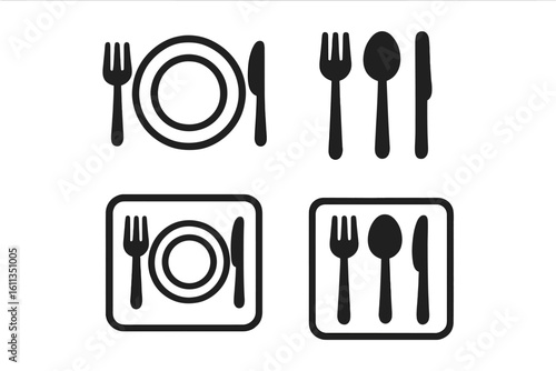 Minimalist restaurant cutlery icon set – fork, spoon, knife, plate silhouettes. Flat vector tableware symbols for menu design, catering logo, kitchen utensil pictograms