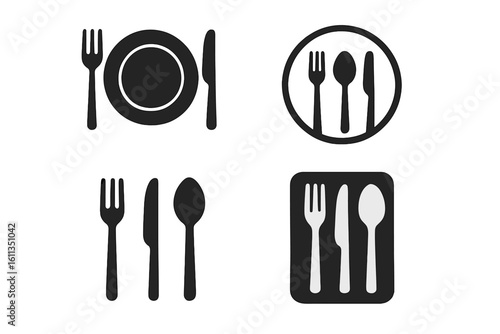 Restaurant menu cutlery icon set – minimal flat black silhouette plate, fork, knife, spoon symbols in circle and rectangle frames. Vector tableware pictograms for cafe signage.