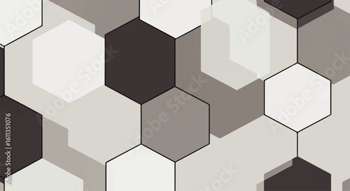 Abstract grayscale hexagonal pattern, geometric shapes, interlocking design, subtle tonal variations.