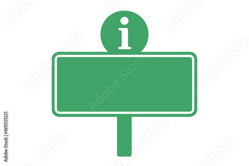Blank green information signboard icon with 'i' info symbol, empty rectangular road direction panel, infographic template for text, travel guide pointer, notice board illustration