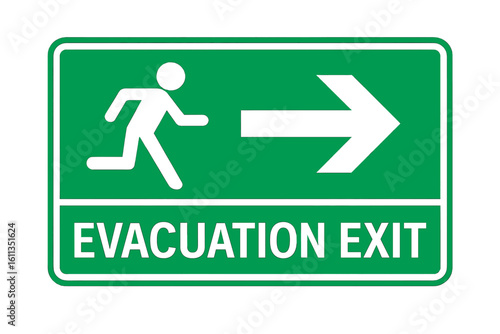 Emergency evacuation exit sign icon. Green fire escape running man pictogram with right arrow. Safety signage marking safe route, emergency egress direction, ISO 7010 vector