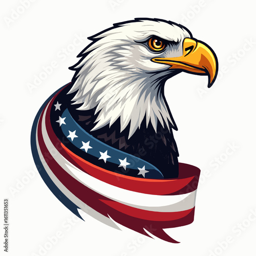 Illustrative bald eagle on American flag background, vector artwork, symbolizes patriotism 