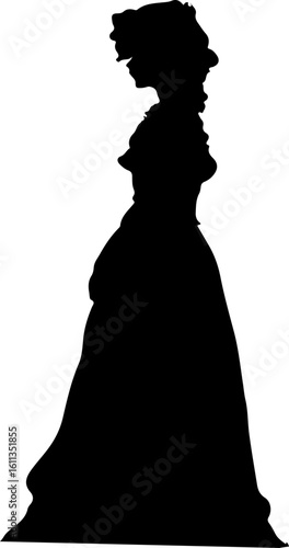 The image is a black silhouette of a woman in a long, flowing dress from the 18th or 19th century, her head slightly tilted, facing to the right of the image.