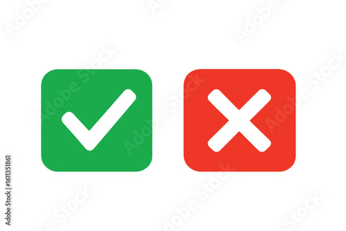 Green check mark and red cross icons isolated on white. Correct and incorrect symbols for user interface, mobile app buttons, approval, rejection, yes/no decision indicator vector