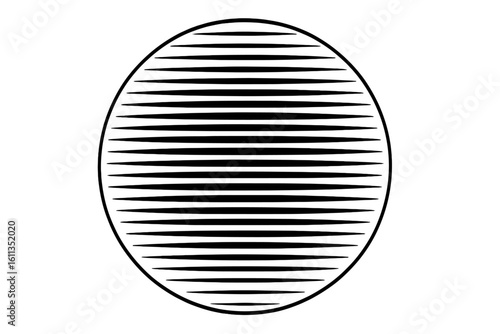 Abstract black and white halftone circle made of tapered horizontal lines, illusion striped sun shape, geometric vector design element, modern scalable transparent PNG illustration
