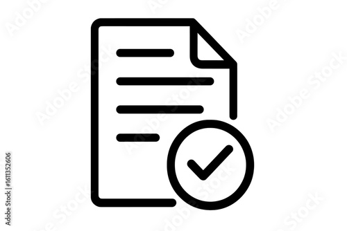 Approved document icon with checkmark symbol. Verified file confirmation vector illustration. Business paperwork validation sign. Office administration success concept.