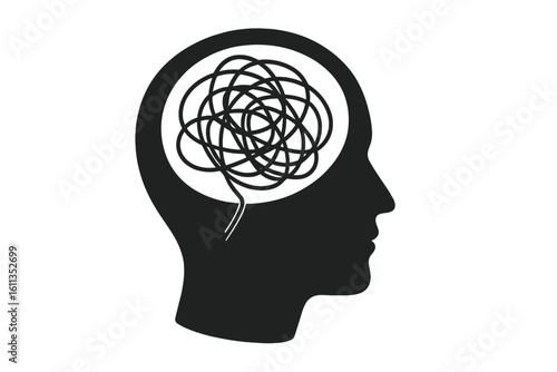 Male head silhouette with tangled scribble brain knot symbolizing anxiety stress depression, psychotherapy counselling concept, mental health disorder, brainstorming confusion