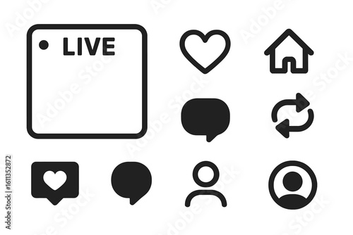 Minimal social media UI glyph icon set featuring live video streaming frame, like love heart, home, comment bubble, repost share arrows, user avatar profile icons for app interface