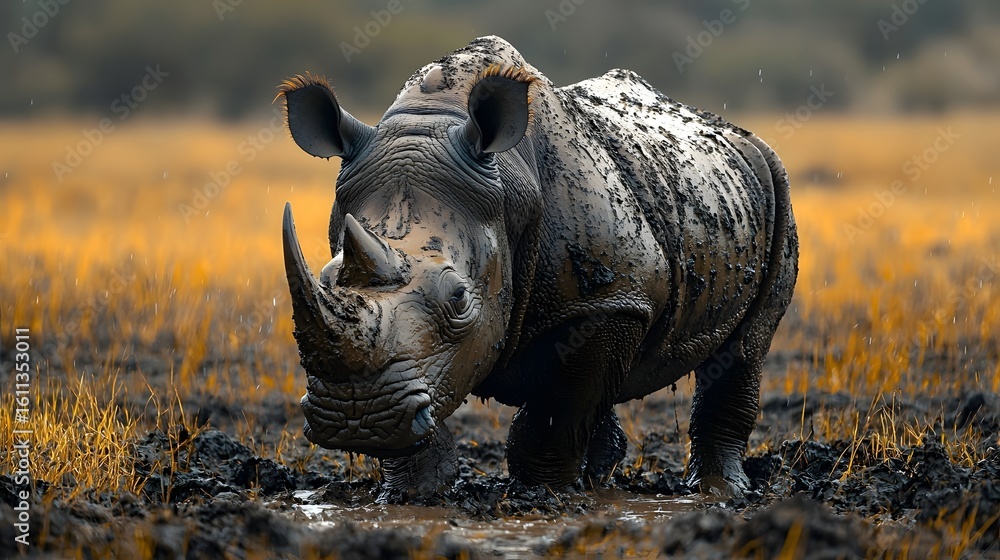Fototapeta premium Powerful rhinoceros covered in thick mud a natural armor