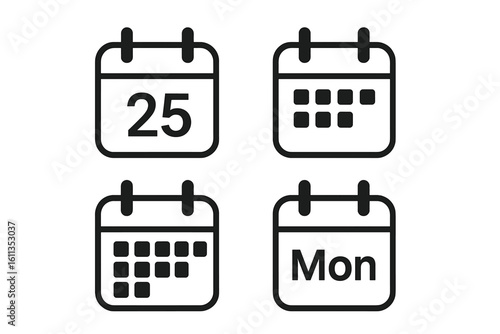 Calendar icon set vector. Date week month day schedule symbols. UI app website interface elements. Time planning organizer icons. Business productivity graphics