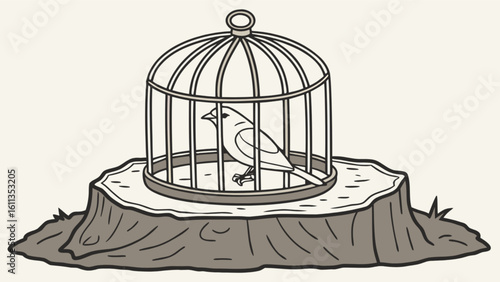 Bird in cage illustration on tree stump drawing for freedom concept art and design element vector image