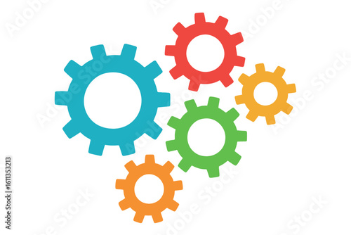 Colorful interlocking gears teamwork concept. Multicolored cogs mechanism business process collaboration. Industrial machinery parts working together vector illustration