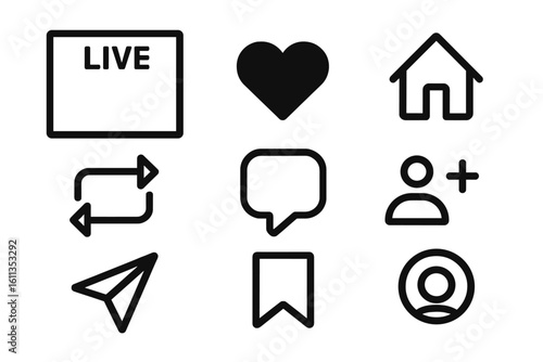 Social media line icon set: live streaming frame, heart like love, home, repost arrows, comment bubble, paper plane share, bookmark save, follow add user, stories symbols