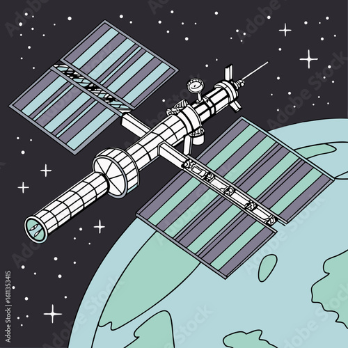 Space Station Orbiting Earth: A Detailed Line Art Illustration