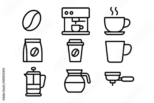 Minimalist coffee line icons collection, outline bean, espresso machine, hot cup, takeaway mug, coffee bag, French press, carafe, portafilter symbols for café menu, website vector