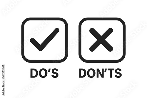 Do's and don'ts icons set. Guidelines checklist symbols. Rules policy instructions. Checkmark and cross marks. Business compliance procedures vector illustration