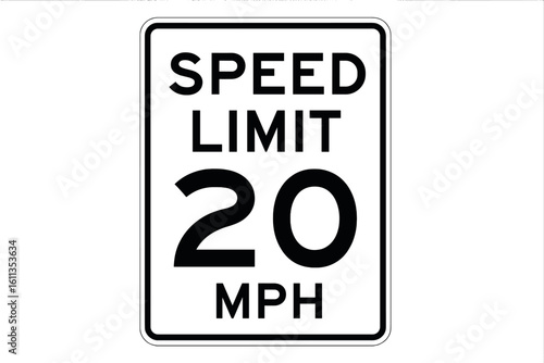 Speed limit 20 mph road traffic sign vector illustration. White rectangular street sign with black text. Printable traffic control symbol for automotive safety design