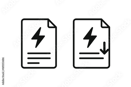 Electric utility bill cost increase decrease symbols set. Power consumption up down icons. Energy invoice document lightning bolt arrow vector illustration on transparent background