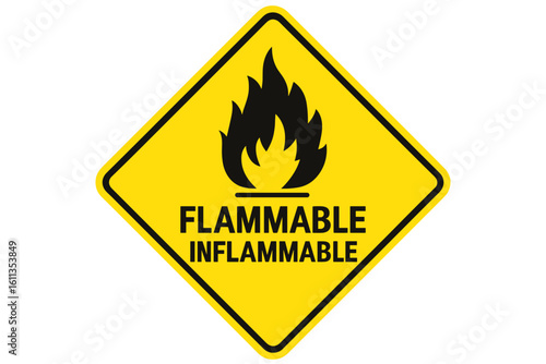 Flammable inflammable warning sign yellow diamond fire hazard safety caution symbol flame icon danger alert vector graphic isolated transparent background industrial