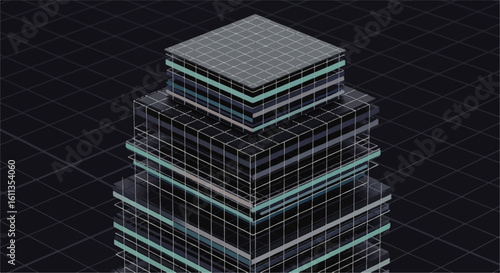 Isometric view of a layered, geometric structure with a grid pattern, showing stacked levels.