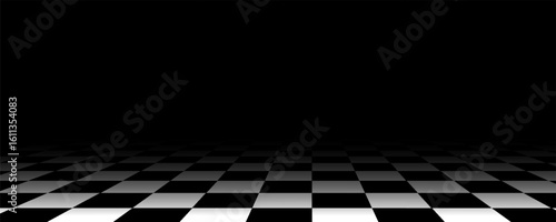 Chess perspective floor background. Black and white chessboard perspective floor texture. Checker board pattern surface. Fading away vanishing checkerboard background. Abstract vector illustration.