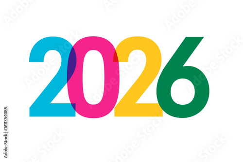 Vibrant 2026 New Year overlapping numbers design, bold multicolor typography in CMYK palette, modern vector template for poster, banner, calendar, web header, celebration graphic