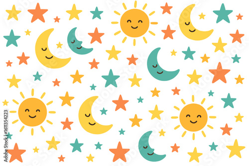 Seamless nursery pattern with smiling suns, sleepy crescent moons and colorful stars, celestial background for kids fabric, baby room wallpaper, wrapping paper vector illustration