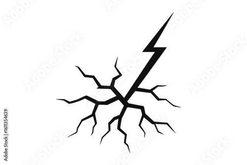 Lightning bolt fracturing ground vector icon. Black crack silhouette of broken surface, earthquake fissure, impact damage, danger symbol, natural disaster clipart illustration