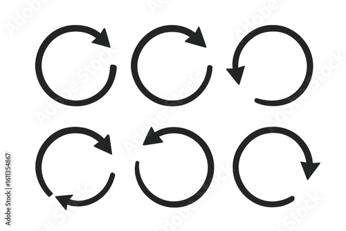 Circular refresh arrow icons collection showing clockwise rotation, simple bold round loop arrows set isolated on transparent background, modern reload recycling symbol vector illustration