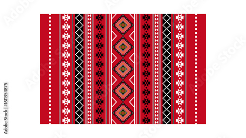 Vibrant red geometric pattern with intricate diamond designs offering a bold cultural statement for textiles, backgrounds, and unique creative applications