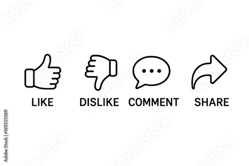 Social media reaction buttons set. Like dislike comment share icons. Outline vector illustration for website UI app blog video platform interface design transparent background