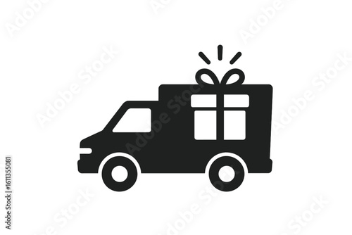Gift delivery truck icon silhouette. Express courier van with wrapped present on roof, fast shipping service for holiday or birthday ecommerce logistics illustration isolated