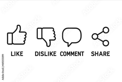 Social media reaction icon set with thumbs up like, thumbs down dislike, comment bubble, share node. Outline linear buttons for video, blog, website, app UI vector illustration