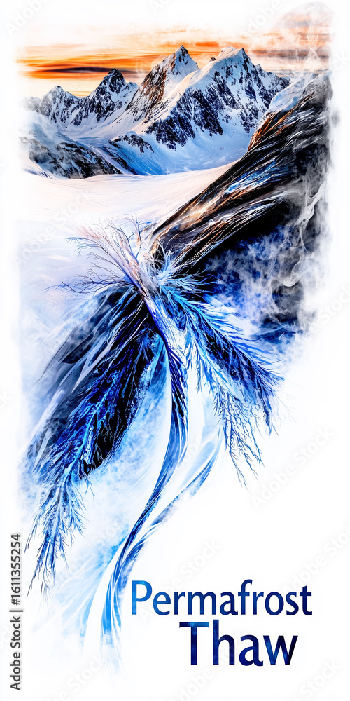 Obraz premium Permafrost thaw concept showing abstract blue ice crystals cracking over a snowy mountain landscape, symbolizing climate change.