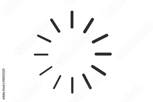 Circular loading spinner progress indicator icon, radial lines growing animation, simple preloader buffer wheel, minimalist UI UX waiting symbol, black vector illustration isolated on white
