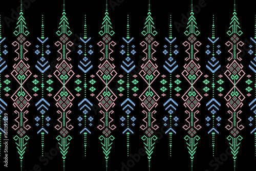 Contemporary Thai woven fabric pattern in vibrant pink-blue on a black background, featuring prominent geometric designs blended with flowing lines, suitable for designs requiring modernity and vibran