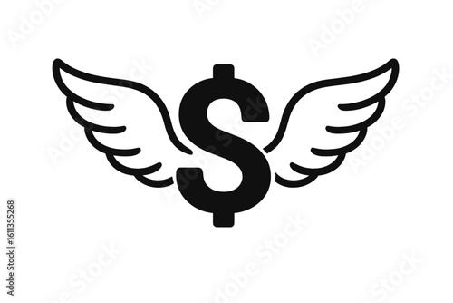 Flying money icon, dollar sign with wings silhouette, finance freedom metaphor, cash flow, fast payment, investment profit concept black vector, currency symbol for fintech ads