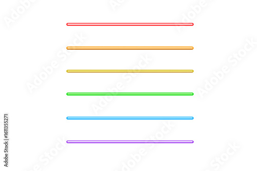 Rainbow neon lines set, horizontal glowing tubes in red orange yellow green cyan blue violet on transparent dark background, luminous laser streaks, retro synthwave vector element