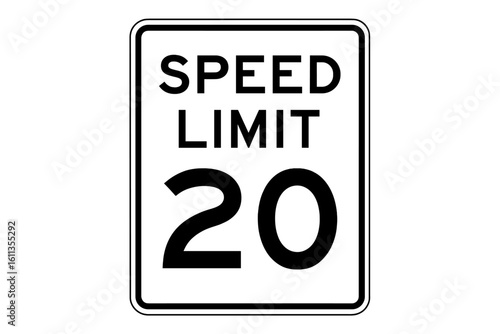 Speed limit 20 mph sign vector illustration. Regulatory traffic sign for residential school zone safety, printable highway slow speed symbol, DOT compliant black and white signage template