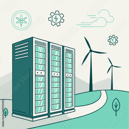Teal Green Servers and Wind Turbines Sustainable Energy Illustration