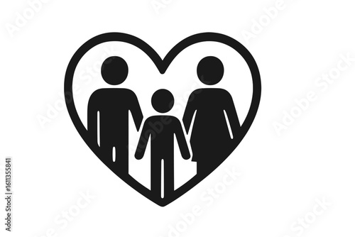 Family love icon showing parents and child silhouettes inside heart shape. Concept for health insurance, childcare, adoption, parental care, safe home, social welfare, charity.