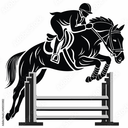Equestrian Elegance A Horse and Rider Jump Illustrated in Striking Black and White Silhouette Art