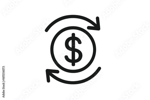 Currency exchange and money transfer icon with circular arrows around dollar sign. Financial transaction, refund, recurring payment, fintech app UI symbol, banking finance concept vector